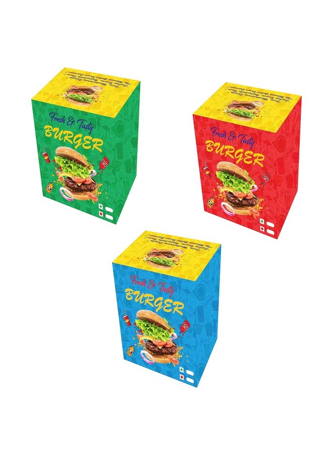 Bleus Readymade Burger Box Size- 4.20x4.20x3 Inch, L - 4.20", B - 4.20", H - 3" Delicious Delights: Gourmet Burger Box - Order Now, In Good Strength Duplex Board, Multicolor (Multicolor, 50) - Image 1