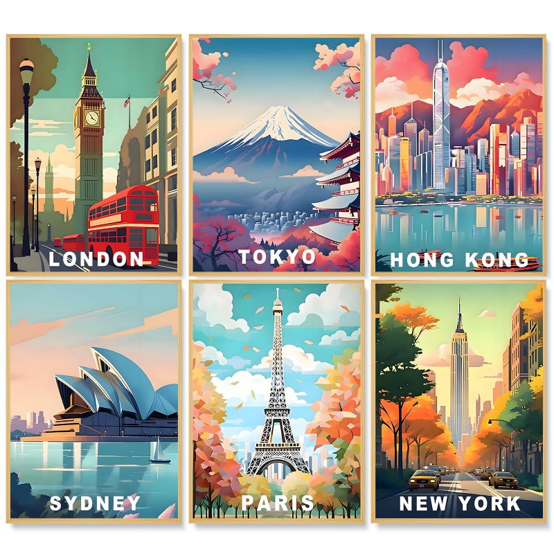 Camocin 6 Pack Paint by Numbers Kit for Adults, City Landscape Adult Paint by Number Kits on Canvas Without Frame for Beginner, Vintage Travel Acrylic Oil Painting by Numbers Kits for Home Decor 10 x 14 Inch - Image 1