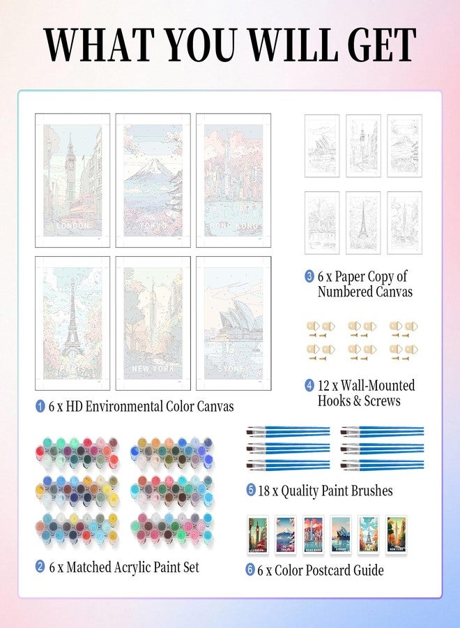 Camocin 6 Pack Paint by Numbers Kit for Adults, City Landscape Adult Paint by Number Kits on Canvas Without Frame for Beginner, Vintage Travel Acrylic Oil Painting by Numbers Kits for Home Decor 10 x 14 Inch - Image 4