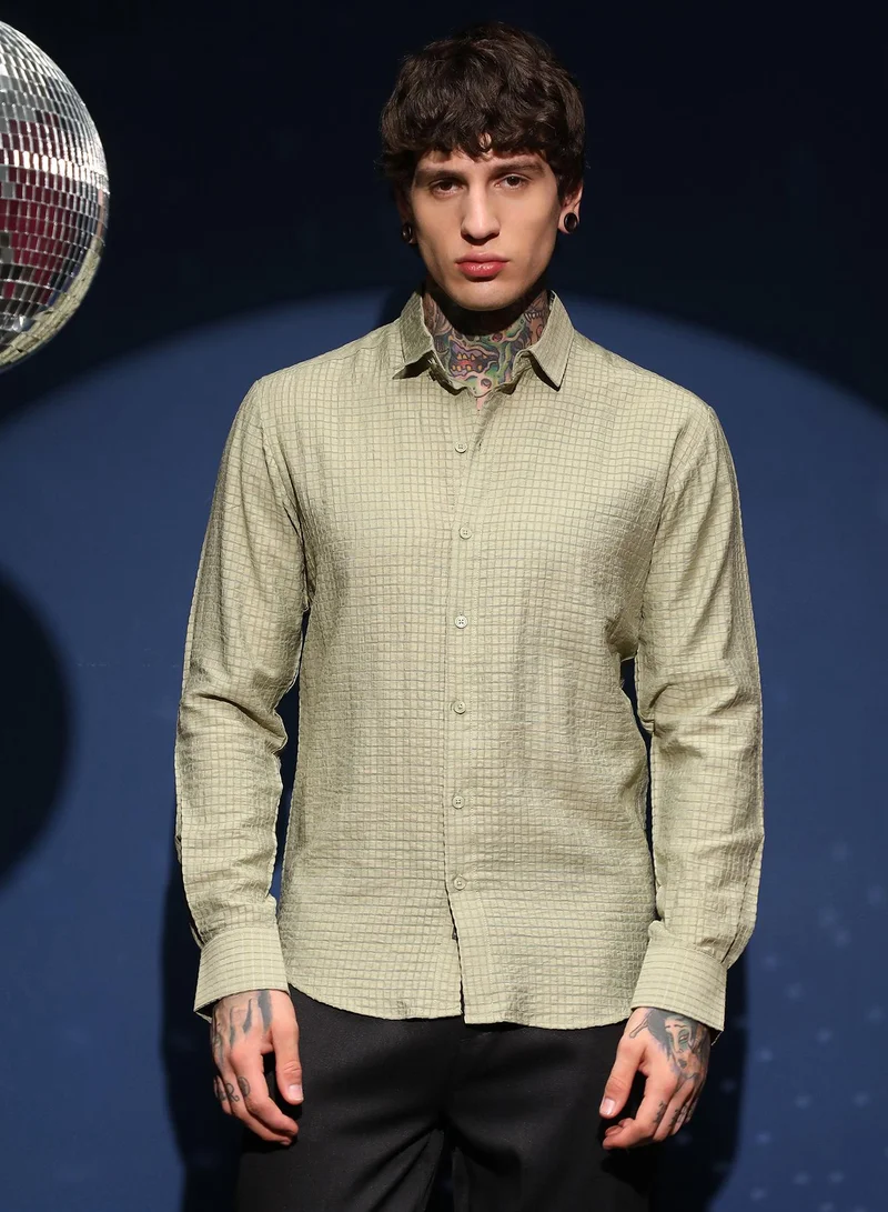 Campus Sutra Men's Light Pistachio Grid-Tactura Shirt
