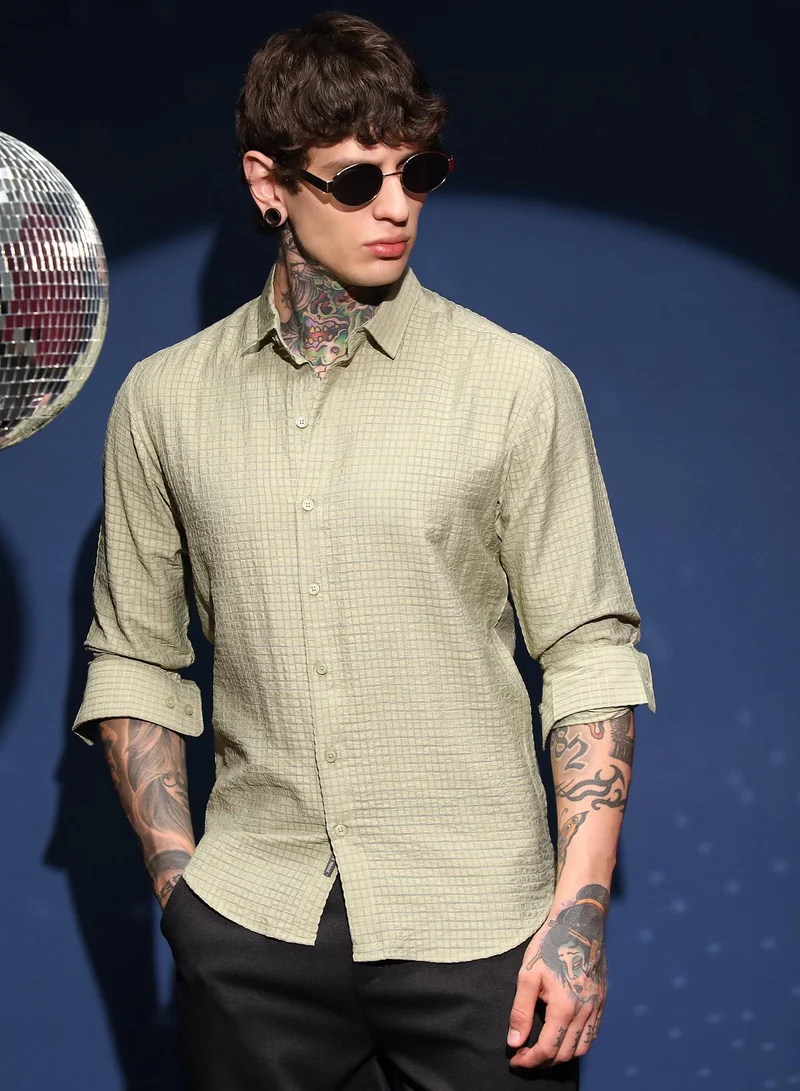 Campus Sutra Men's Light Pistachio Grid-Tactura Shirt