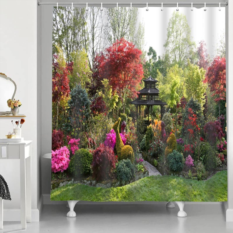 Abaysto Shower Curtain 3D Garden View Flowers Trees Outdoor Nature Scenery Waterproof Cloth Fabric Bathroom Decor Set with Hooks 72x72 Inch