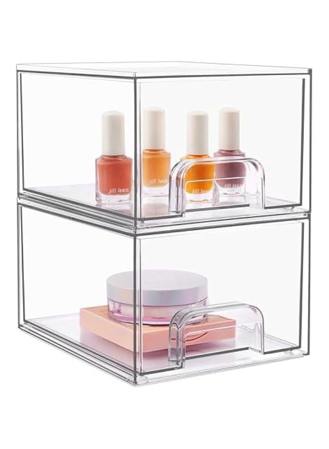 HOOKOR 2 Pack Stackable Makeup Organizer Storage Drawers, Acrylic Bathroom Organizers,Clear Storage Bins For Vanity, Undersink, Kitchen Cabinets, Pantry Organization and Storage - Image 1