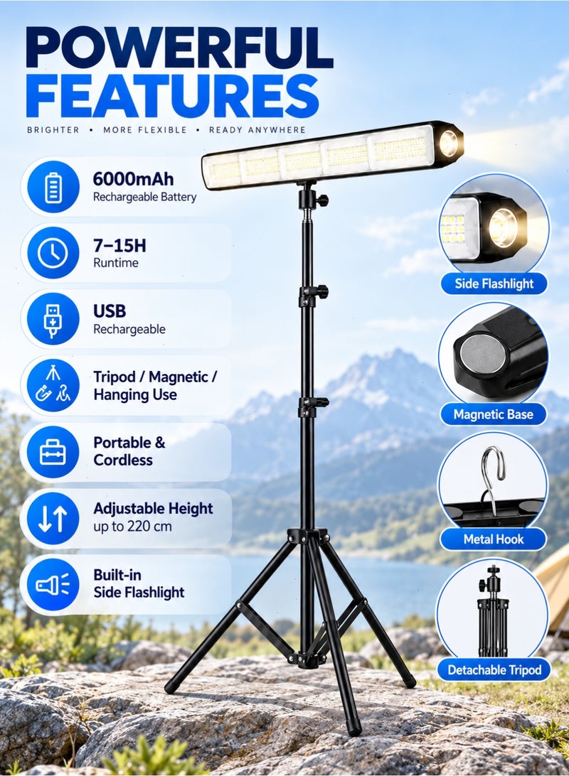 Yoawllty Portable Camping Light 6000mAh, USB Rechargeable  Work Light with 2.2m Tripod Stand, IP65 Water Resistant, Adjustable LED Brightness & Built-In Flashlight - Image 3