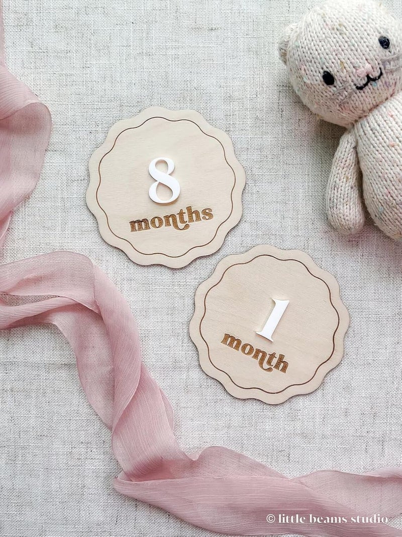 Curious Button Wood Scallop Milestone Cards | Monthly Milestone Markers | Boho Interchangeable Milestone Card |Milestone Props for Babies Photo|Baby Photoshoot Accessories - Image 1