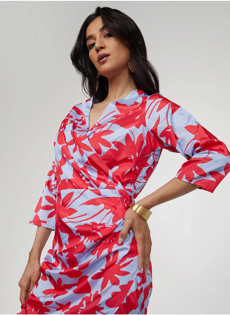 PINACOLADA Women's Icy Blue & Cherry Red Contrast Botanical Dress