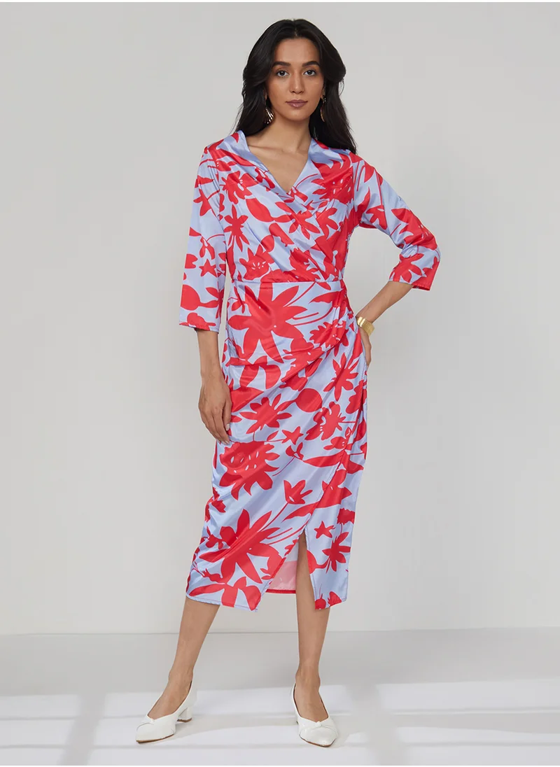 PINACOLADA Women's Icy Blue & Cherry Red Contrast Botanical Dress