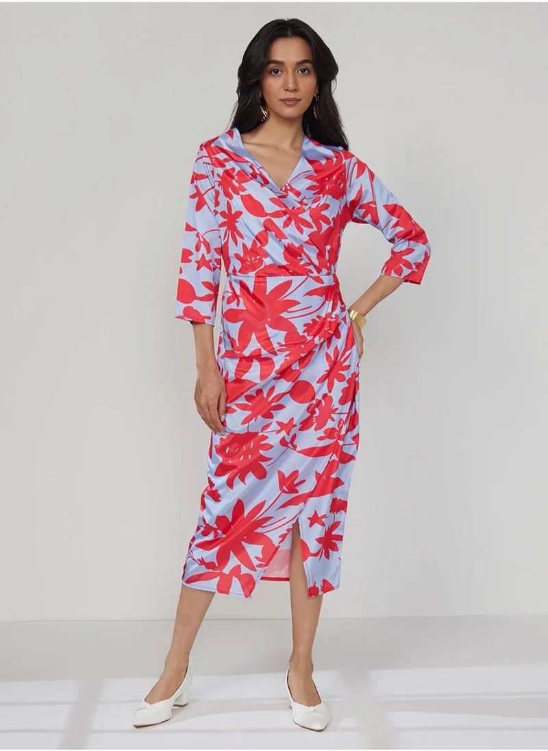 PINACOLADA Women's Icy Blue & Cherry Red Contrast Botanical Dress