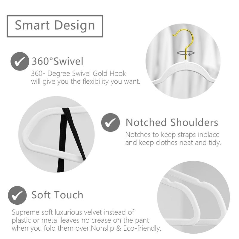 MIZGI Premium Velvet Hangers Pack 50 Pcs Heavyduty - Non Slip Slimline - Velvet Suit Hangers White - Gold Hooks,Space Saving Clothes Hangers - Image 3