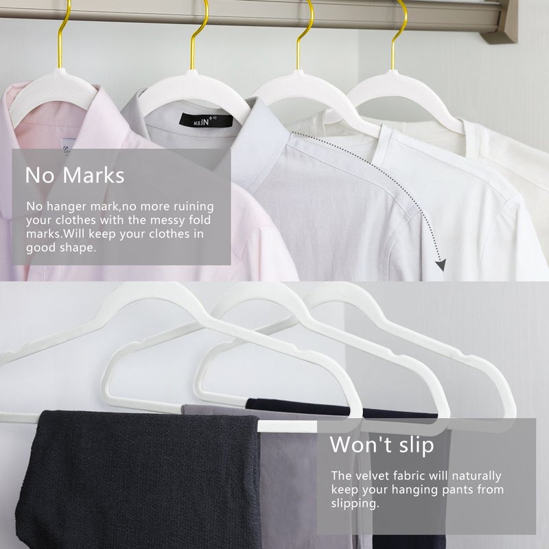 MIZGI Premium Velvet Hangers Pack 50 Pcs Heavyduty - Non Slip Slimline - Velvet Suit Hangers White - Gold Hooks,Space Saving Clothes Hangers - Image 4