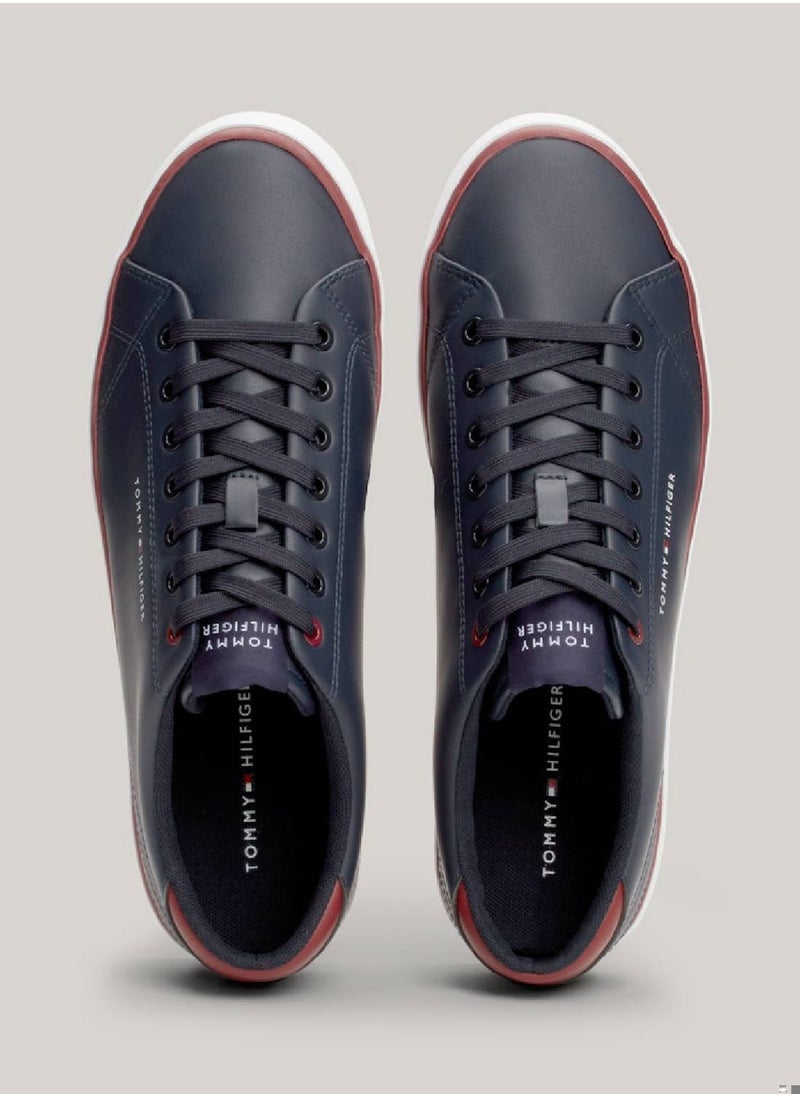 TOMMY HILFIGER - Men's Essential Textured Stitch Logo Trainers -  Recycled leather mix upper, Blue - Image 1