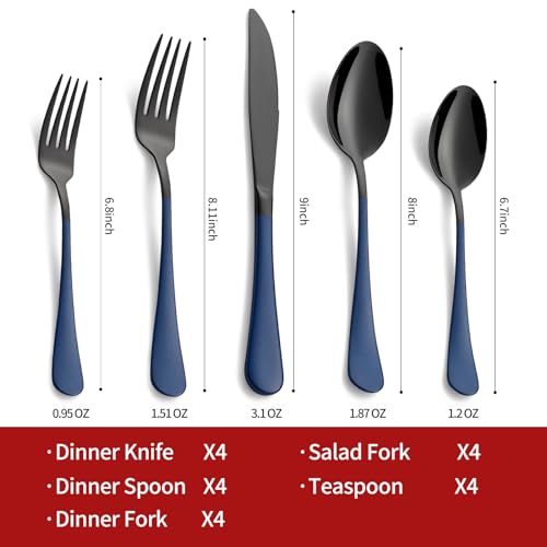 Onlycooker 20-Piece Black Silverware Set 18/0 Stainless Steel Flatware Sapphire Blue Handle Cutlery Set Service for 4 Dinner Knives Forks Spoons Set Mirror Finish Dishwasher Safe - Image 2