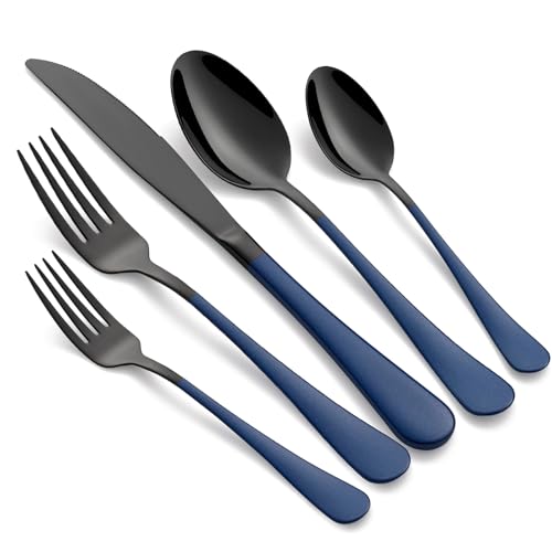 Onlycooker 20-Piece Black Silverware Set 18/0 Stainless Steel Flatware Sapphire Blue Handle Cutlery Set Service for 4 Dinner Knives Forks Spoons Set Mirror Finish Dishwasher Safe - Image 1