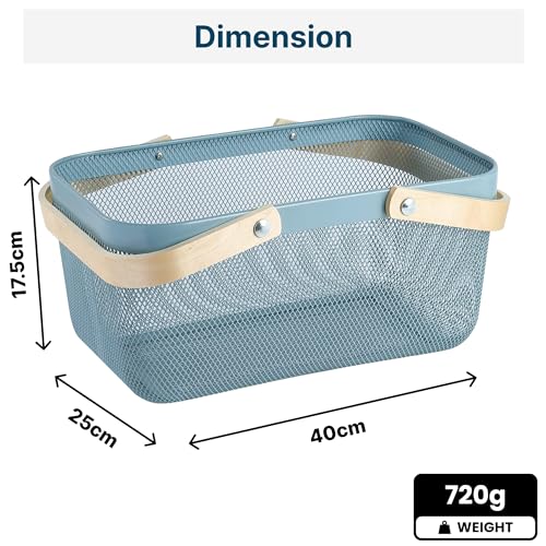 UMAI Rectangular Metal Mesh Basket for Storage with wooden handle | 720 Gm | Fruit Basket and Vegetable Basket for Kitchen | Kitchen Organizer | Baskets for Organizing Home| Multipurpose | Blue | - Image 4