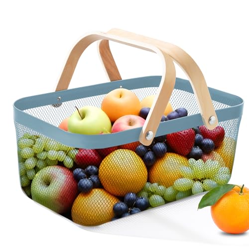 UMAI Rectangular Metal Mesh Basket for Storage with wooden handle | 720 Gm | Fruit Basket and Vegetable Basket for Kitchen | Kitchen Organizer | Baskets for Organizing Home| Multipurpose | Blue | - Image 1