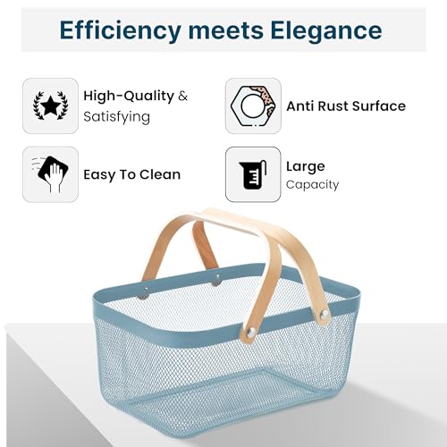 UMAI Rectangular Metal Mesh Basket for Storage with wooden handle | 720 Gm | Fruit Basket and Vegetable Basket for Kitchen | Kitchen Organizer | Baskets for Organizing Home| Multipurpose | Blue | - Image 3