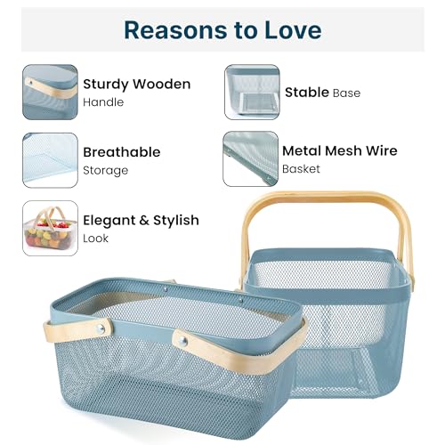 UMAI Rectangular Metal Mesh Basket for Storage with wooden handle | 720 Gm | Fruit Basket and Vegetable Basket for Kitchen | Kitchen Organizer | Baskets for Organizing Home| Multipurpose | Blue | - Image 2