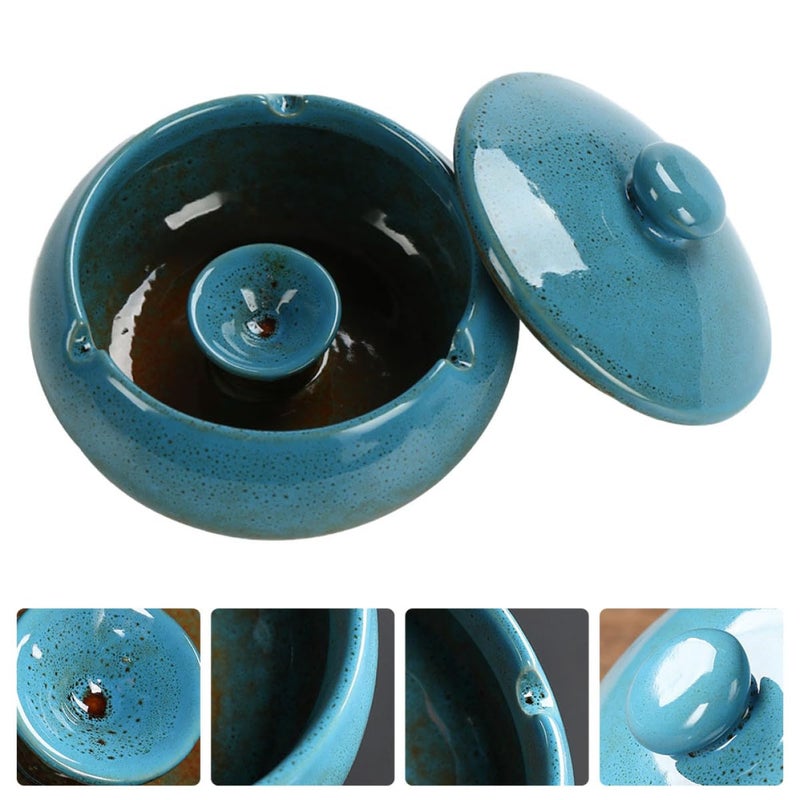 Vintage Chinese Style Blue Ceramic Ashtray with Lid for Home and Office Desktop - Image 5