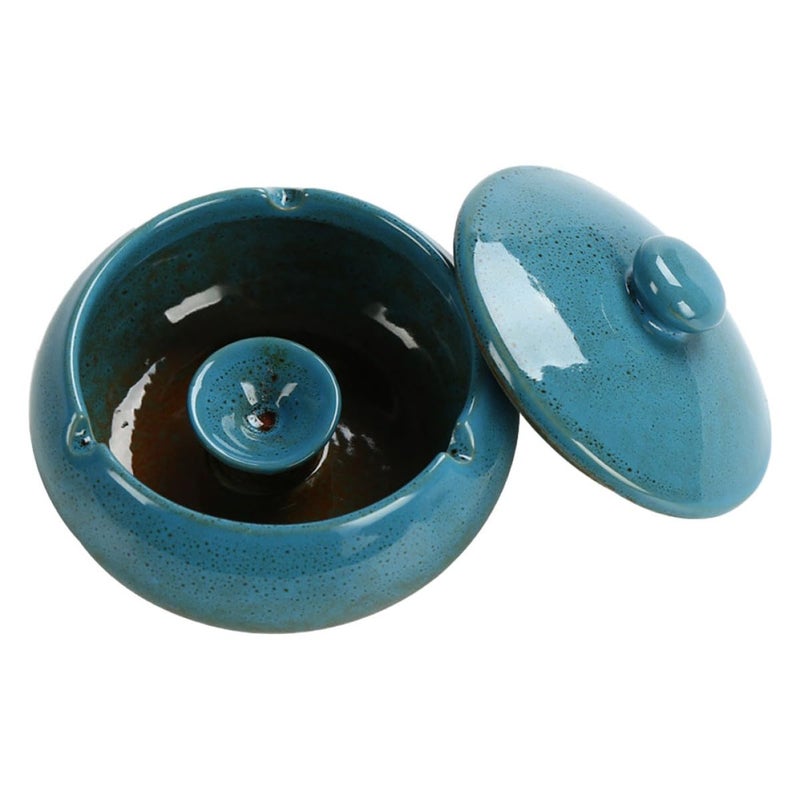 Vintage Chinese Style Blue Ceramic Ashtray with Lid for Home and Office Desktop - Image 2
