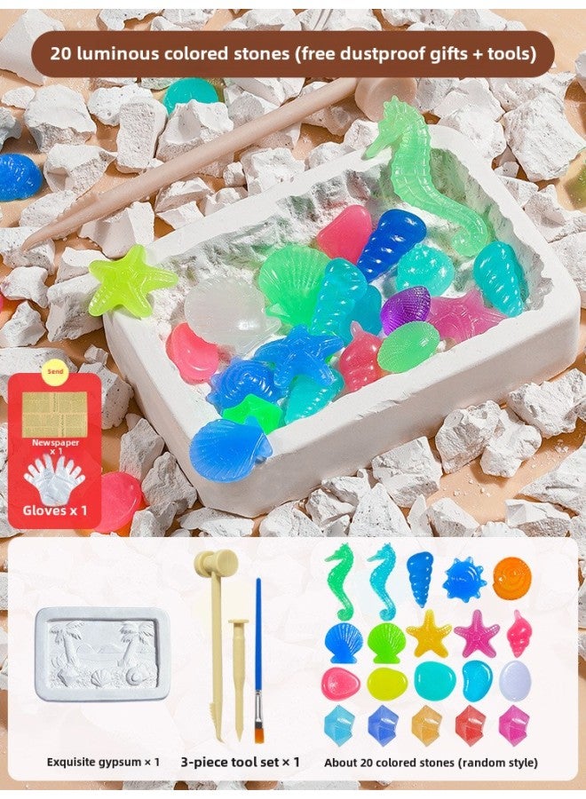 Dinosaur Fossil Archaeological Digging Toys Gypsum Gem Digging Luminous Mining Treasure Hunting Blind Box Set Wholesale-Color:Luminous Seabed Gem (Newspaper + Gloves + Tools)  - Image 1