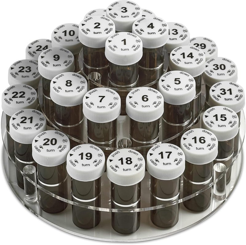 MEDca Monthly Pill Bottle Organizer Caddy - 31 Numbered Full-Size Pill Bottles w Child-Proof Lids for Each Day of The Month- Clear Rack and Easy to Use for Daily Dose of Medication Vitamins and Supplements