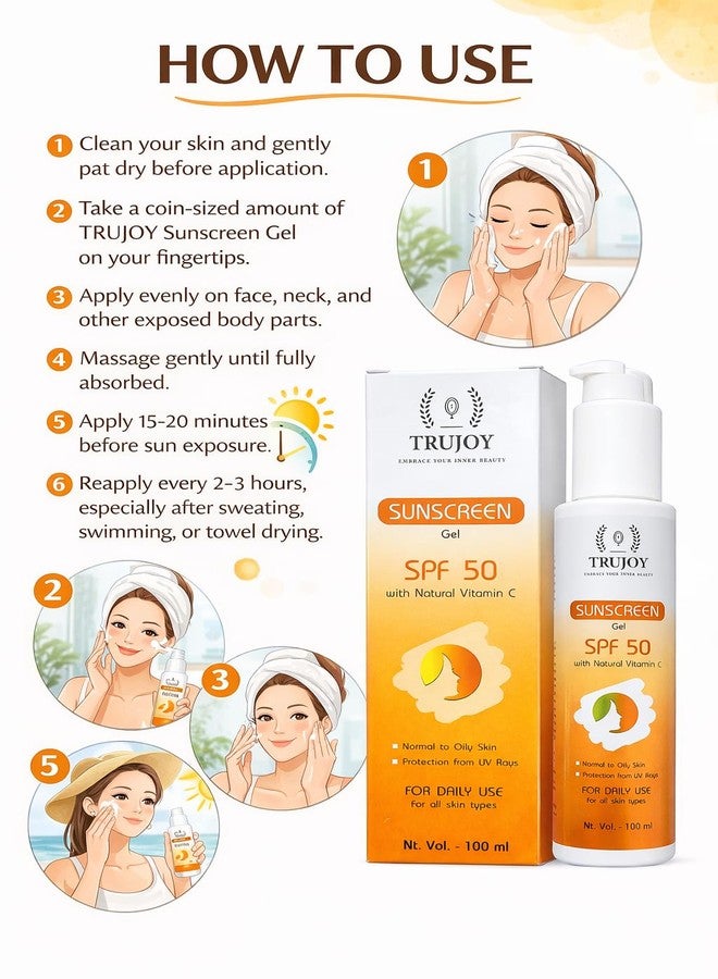 TRUJOY SPF 50 Sunscreen Gel for Men & Women, Vitamin C Enriched Sun Protection, Fast Absorbing Non Sticky Formula, 100 ml - Image 5