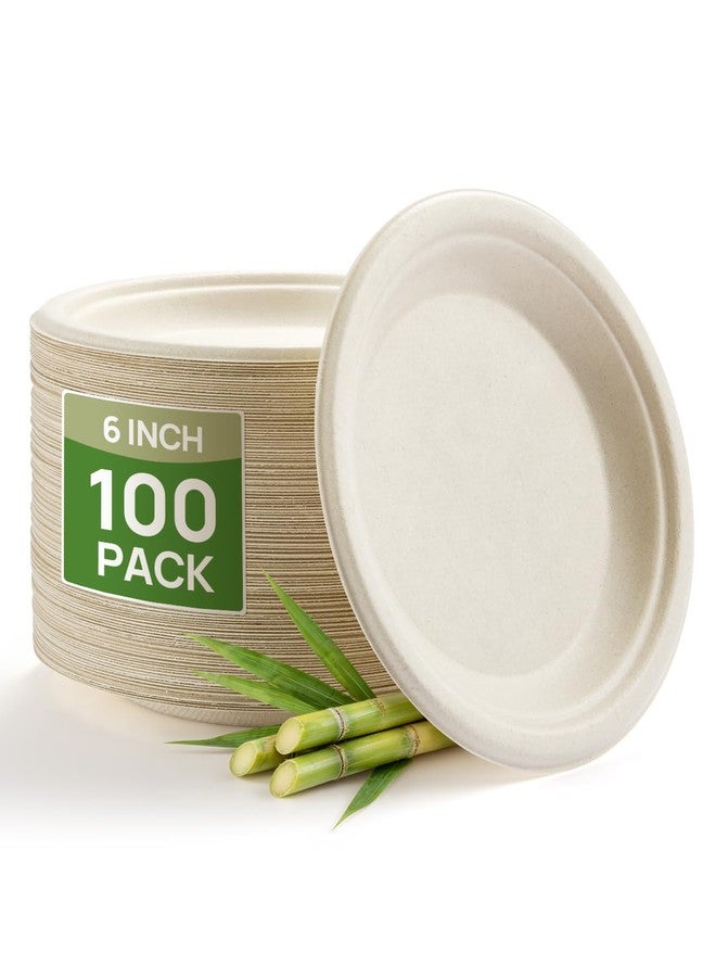Goodluck 6 Inch Natural Compostable Plates 100 Pack, 100% FSC Certified Unbleached Bagasse Paper Plates, Heavy Duty Eco Friendly Disposable Plates for Party, Wedding, BBQ, Catering & Everyday Use - Image 1