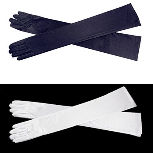 DreamHigh DH Women's Evening Gloves 22" Long White/Black Satin Finger Gloves - 2 Pairs Pack - Image 4