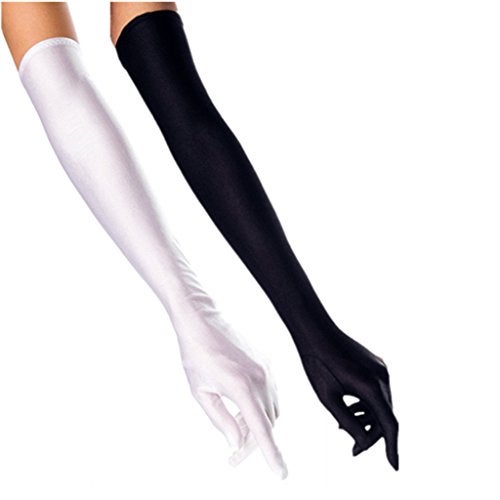 DreamHigh DH Women's Evening Gloves 22" Long White/Black Satin Finger Gloves - 2 Pairs Pack - Image 1