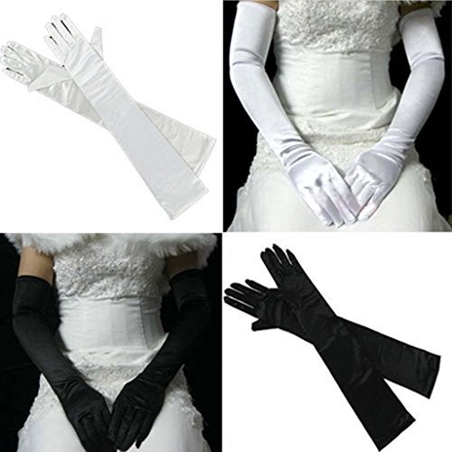 DreamHigh DH Women's Evening Gloves 22" Long White/Black Satin Finger Gloves - 2 Pairs Pack - Image 5