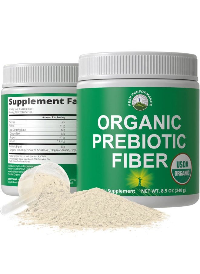 Peak Performance Organic Prebiotic Fiber 3-in-1 Vegan Powder for Gut Health. USDA Organic Raw Whole Food Plant Based Prebiotics Digestive Supplement with Organic Inulin (Jerusalem Artichoke), Acacia Fibers, SunFiber  - Image 1