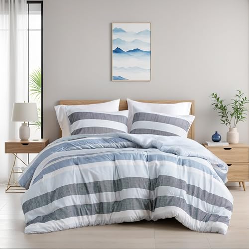 Regency Heights King Size Comforter Set Navy Blue - 3 Pieces Modern Striped Quilt Bedding for Dorm All Season Soft Lightweight Reversible Bed Set with Comforter & Shams - Image 2