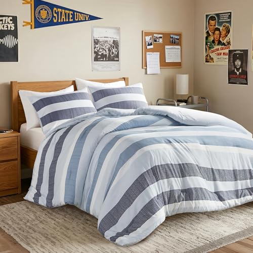 Regency Heights King Size Comforter Set Navy Blue - 3 Pieces Modern Striped Quilt Bedding for Dorm All Season Soft Lightweight Reversible Bed Set with Comforter & Shams - Image 1