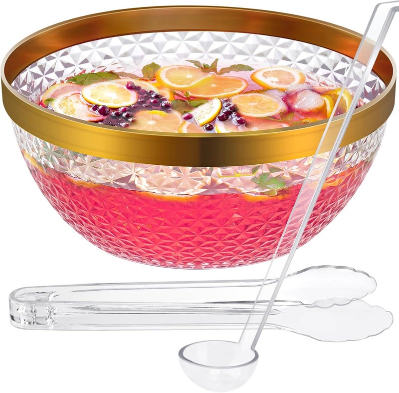 NiHome Gold Trim Clear Plastic Punch Bowl with Ladle and Tong for Parties, Weddings, BBQs, 1.4 Gallon Beverage Serving Bowl Complete Set for Cocktails, Salads, Snacks, Easy to Clean - Image 1