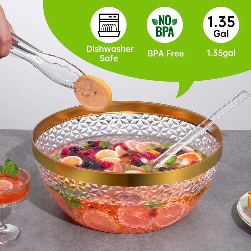 NiHome Gold Trim Clear Plastic Punch Bowl with Ladle and Tong for Parties, Weddings, BBQs, 1.4 Gallon Beverage Serving Bowl Complete Set for Cocktails, Salads, Snacks, Easy to Clean - Image 3