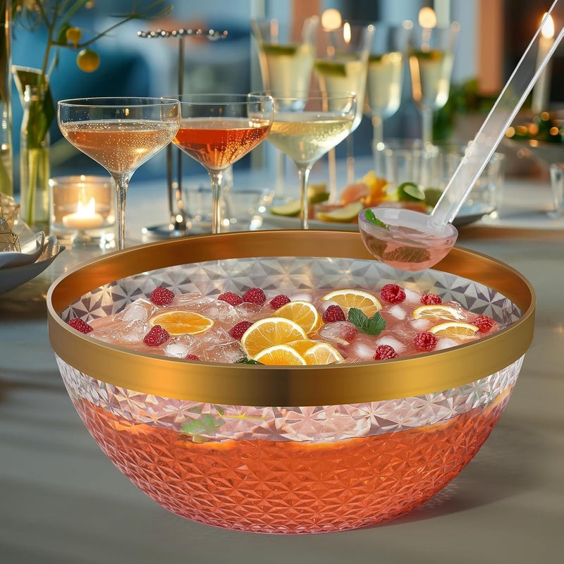 NiHome Gold Trim Clear Plastic Punch Bowl with Ladle and Tong for Parties, Weddings, BBQs, 1.4 Gallon Beverage Serving Bowl Complete Set for Cocktails, Salads, Snacks, Easy to Clean - Image 5