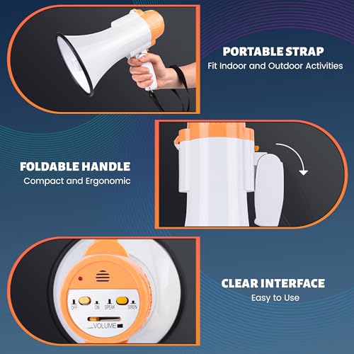 Loudmore 30 Watt Power Portable Megaphone Bullhorn Speaker Voice, Siren/Alarm and 240S Recording with Volume Control and Strap (White Orange) - Image 3