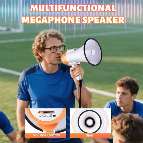 Loudmore 30 Watt Power Portable Megaphone Bullhorn Speaker Voice, Siren/Alarm and 240S Recording with Volume Control and Strap (White Orange) - Image 5