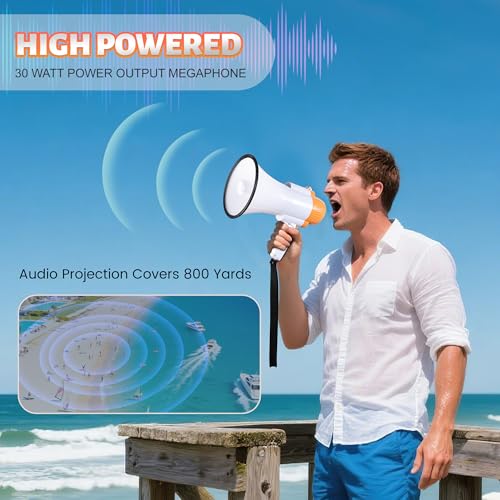 Loudmore 30 Watt Power Portable Megaphone Bullhorn Speaker Voice, Siren/Alarm and 240S Recording with Volume Control and Strap (White Orange) - Image 4