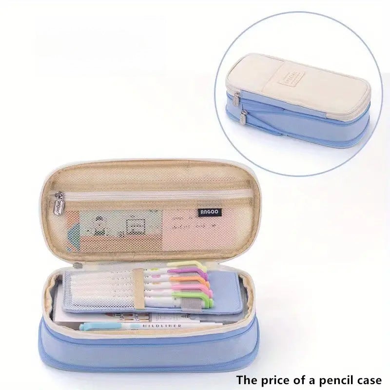 Korean Style Pencil Case Ins Japanese and Korean Style Macaron Color-matching Retractable Large Capacity Upgraded Pencil Case Stationery Case Foreign Trade canvas sky blue 