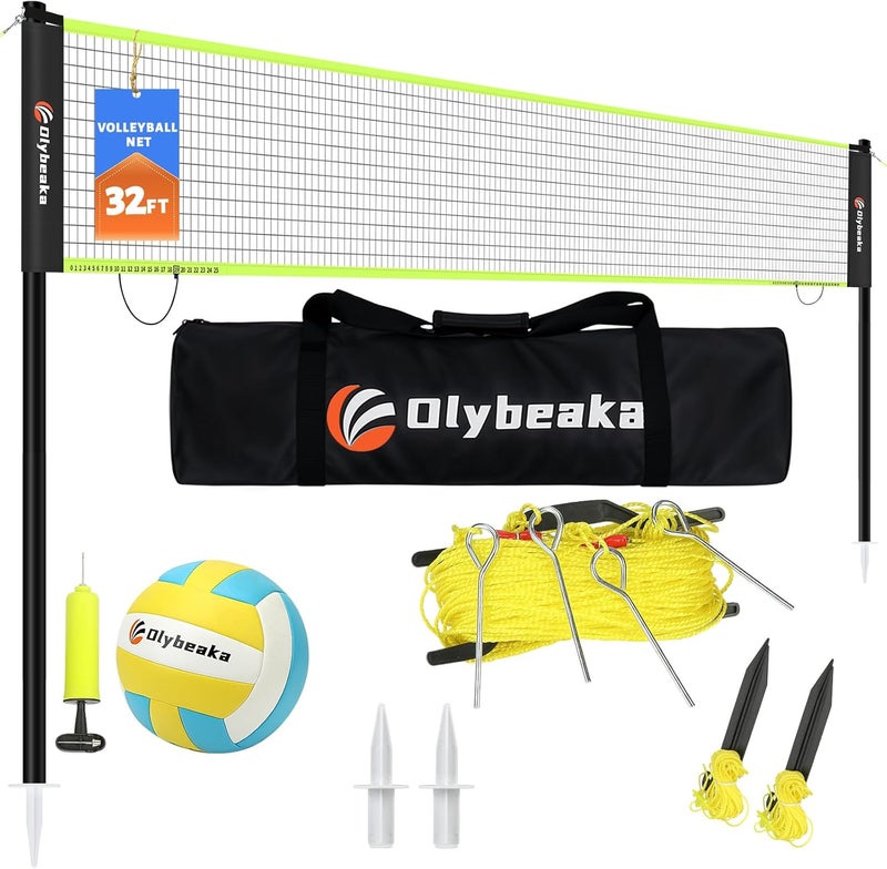 Olybeaka 32ft Portable Outdoor Volleyball Net Set with Adjustable Poles, Volleyball, Pump, and Carry Bag - Image 1