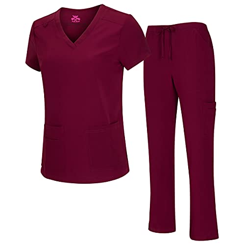 Natural Uniforms Women's Cool Stretch V-Neck Top and Cargo Pant Set (Burgundy, X-Small) - Image 1