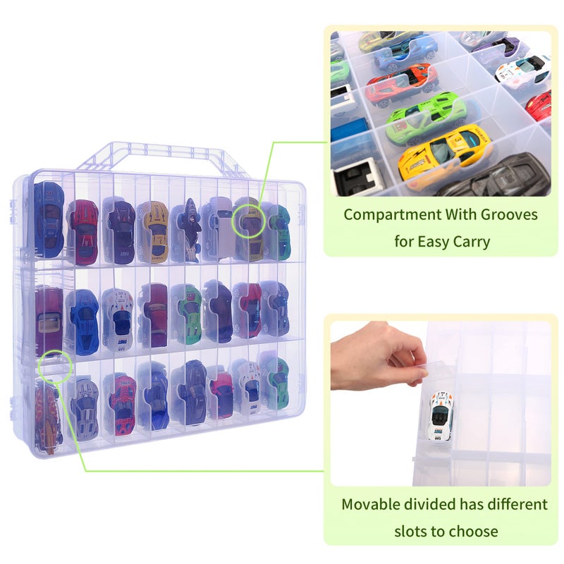 KISLANE Double Sided Toy Car & Doll Storage Case - 48 Compartments, Portable Transparent Case - Image 2