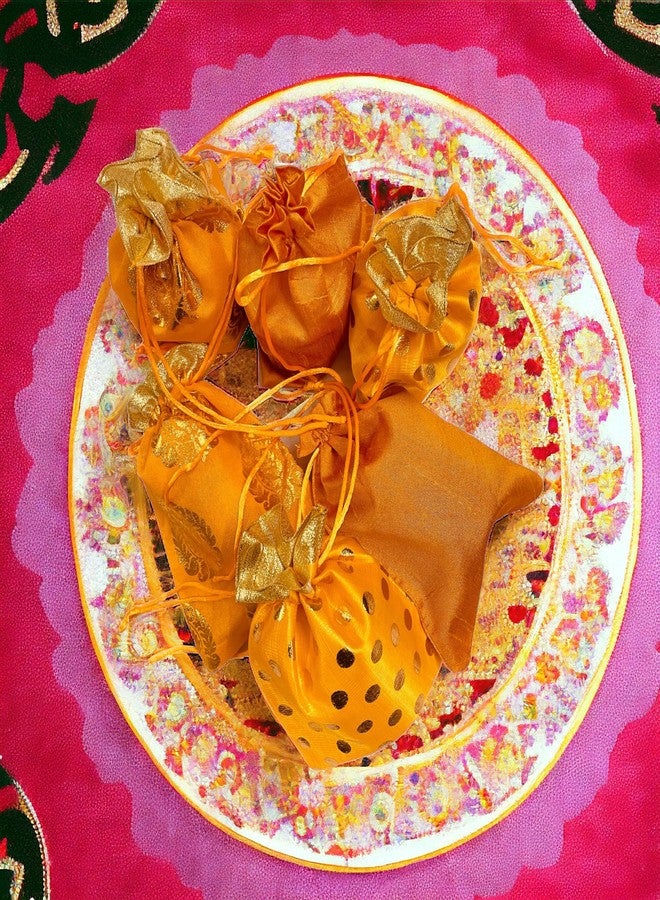 Moira 30 pcs 5X7 inch Small Size Mustard Silk Printed Potli for Gifting, Jewellery Storage, Shagun, Coin Packing - Image 2