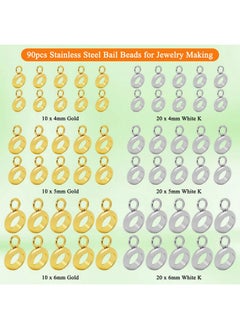Oubaka 90Pcs 3 Sizes Stainless Steel Bail Beads Column Bail Beads Bail Tube Beads Stainless Steel Hanger Links 4/5/6Mm Inner Dia Pendant For Bracelet Necklace Jewelry Making(Gold,White K)  - Image 2