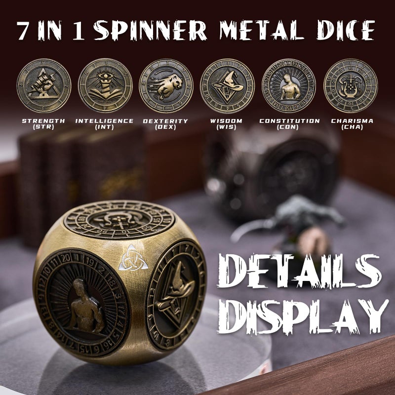HNCCESG Metal Fidget Spinner,7 in 1 Unique Polyhedral Fantasy Gaming Dice for Tabletop RPG Accessories(Bronze) - Image 2