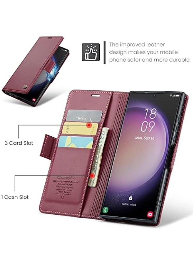 حافظة جلدية فاخرة لهاتف Samsung Galaxy S23 Ultra بلون أحمر نبيذ - تصميم قابل للطي مع مغناطيس وحماية ضد الصدمات - Image 2
