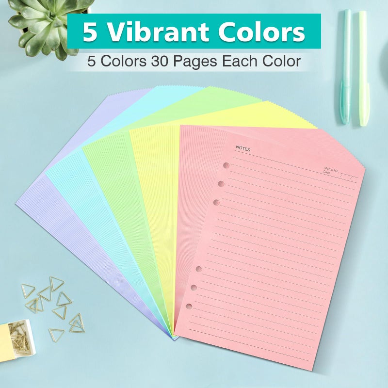 OMEYA A5 Colorful Lined Refill Paper, 120gsm Loose Leaf Paper 6 Hole, Notebook Refills for 6 Ring Refillable, Binder Notebook Plannerï¼Œ150 Sheets/300 Pages, 5.6" X 8.3" - Image 5
