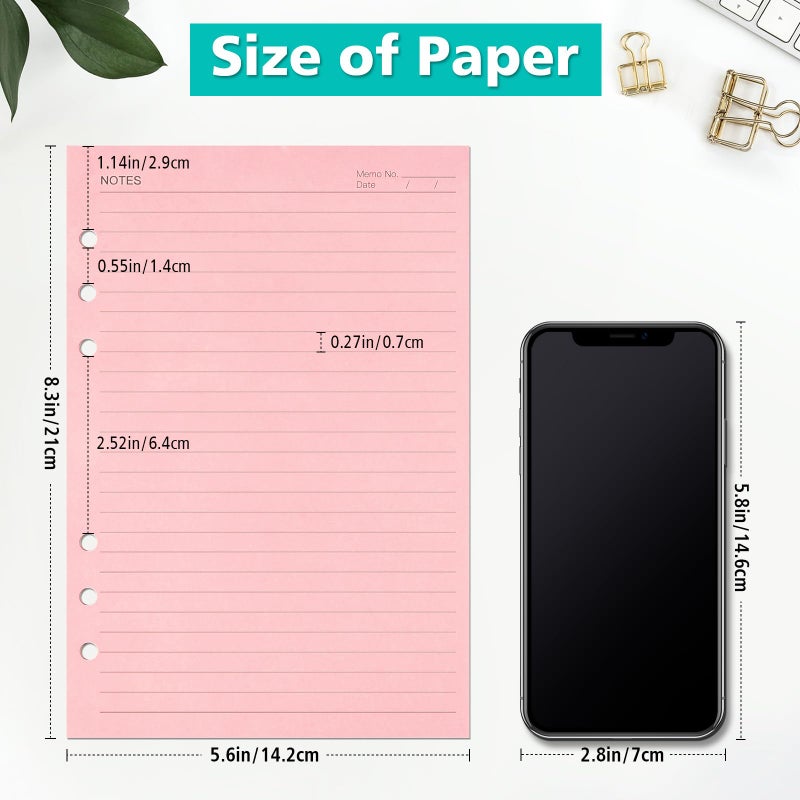OMEYA A5 Colorful Lined Refill Paper, 120gsm Loose Leaf Paper 6 Hole, Notebook Refills for 6 Ring Refillable, Binder Notebook Plannerï¼Œ150 Sheets/300 Pages, 5.6" X 8.3" - Image 2