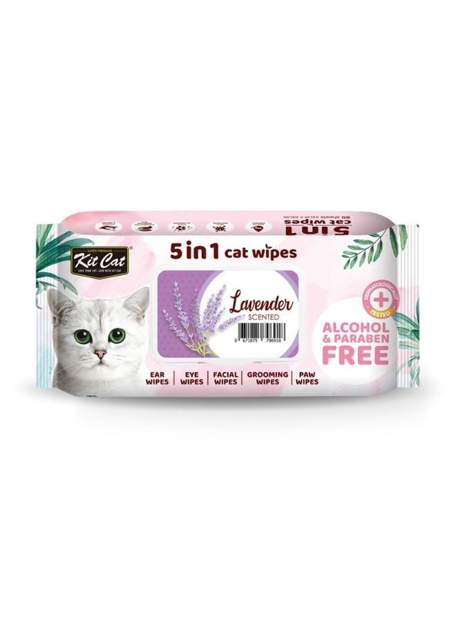 كيت كات مناديل 5 في 1 برائحة اللافندر للعناية بالأذن والعين والوجه والمخالب والقطط، 80 منديلًا، 15×20 سم - Image 1